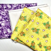 Whimsical Flowers and Hearts Fabric Fat Quarter 4 Pack Yellow Purple 100% Cotton - £9.41 GBP