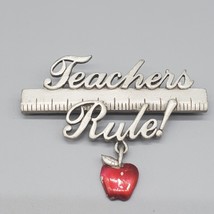 JJ Jonette Teachers Rule Brooch Pin Pewter Red Enamel Apple Dangle 2.5&quot; - $14.99