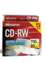 Memorex CD-RW Ultra Speed 5 pack, 24x, 700mb 80 Min, Rewritable CD's Sealed - $7.99