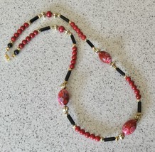 Elegant Red, Black &amp; Gold Oriental Cherry Blossoms Style 22inch Beaded Necklace - £6.68 GBP