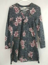 About A Girl Gray Dress With Pink Roses Design &amp; Laced Neckline Size Large - £11.43 GBP