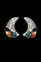 Alice McShirley Navajo Sterling Silver Turquoise Coral Multi Stone Stud Earrings - £68.14 GBP