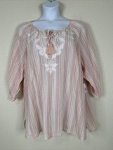 NWT Catherines Women Plus Size 3X Pink/Gold Stripe Floral Tassled Top 3/4 Sleeve - £18.85 GBP