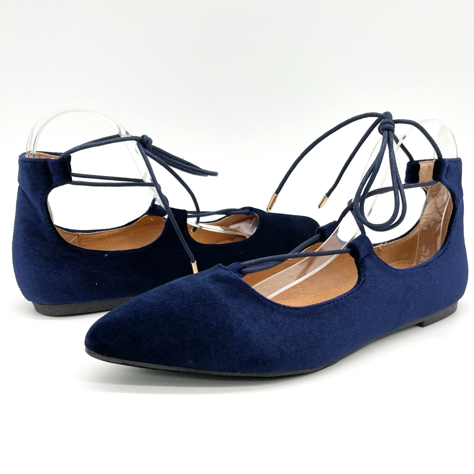 Yoki Urban Velvet Ballet Flat Shoes Pointed Toe Lace-up Navy Blue Glam Classic