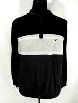 NAUTICA Mens XL Blue Gray Logo Quarter Zip Pullover Sweater Leather Pull... - $25.96
