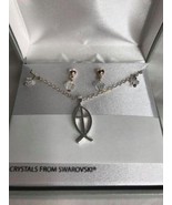 NIB Swarovski Crystals ichthys religious fish cross necklace earrings set - $47.99