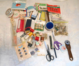 Sewing Room Junk Drawer Box Lot thread cutting wheel ribbons bells buttons - $25.00