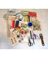 Sewing Room Junk Drawer Box Lot thread cutting wheel ribbons bells buttons - £19.66 GBP