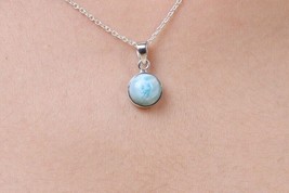 Collier pendentif cabochon rond naturel Larimar pierre précieuse argent massif - £31.59 GBP