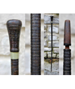 Antique 1800&#39;s cane STACKED LEATHER ball swagger stick metal 34.5&quot; ESTAT... - £184.91 GBP