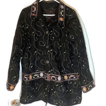 Denim&amp;Co Casual Bohochic Long Black Embroidered Floral Heavy Cotton Jack... - $48.77 CAD