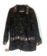 Denim&amp;Co Casual Bohochic Long Black Embroidered Floral Heavy Cotton Jack... - $34.99