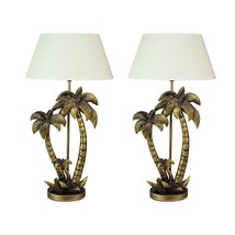 Set of 2 Antique Gold Finish Double Palm Tree End Table Lamp With Shade - £219.66 GBP