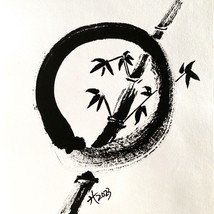 Bamboo Enso Original Painting Ink on Rice Paper Matted 11x14in Frame Ready - £78.21 GBP