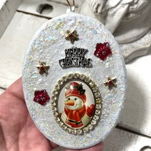 Handcrafted Snowman Christmas Ornament Rhinestone Cameo Holiday gifts - £39.61 GBP