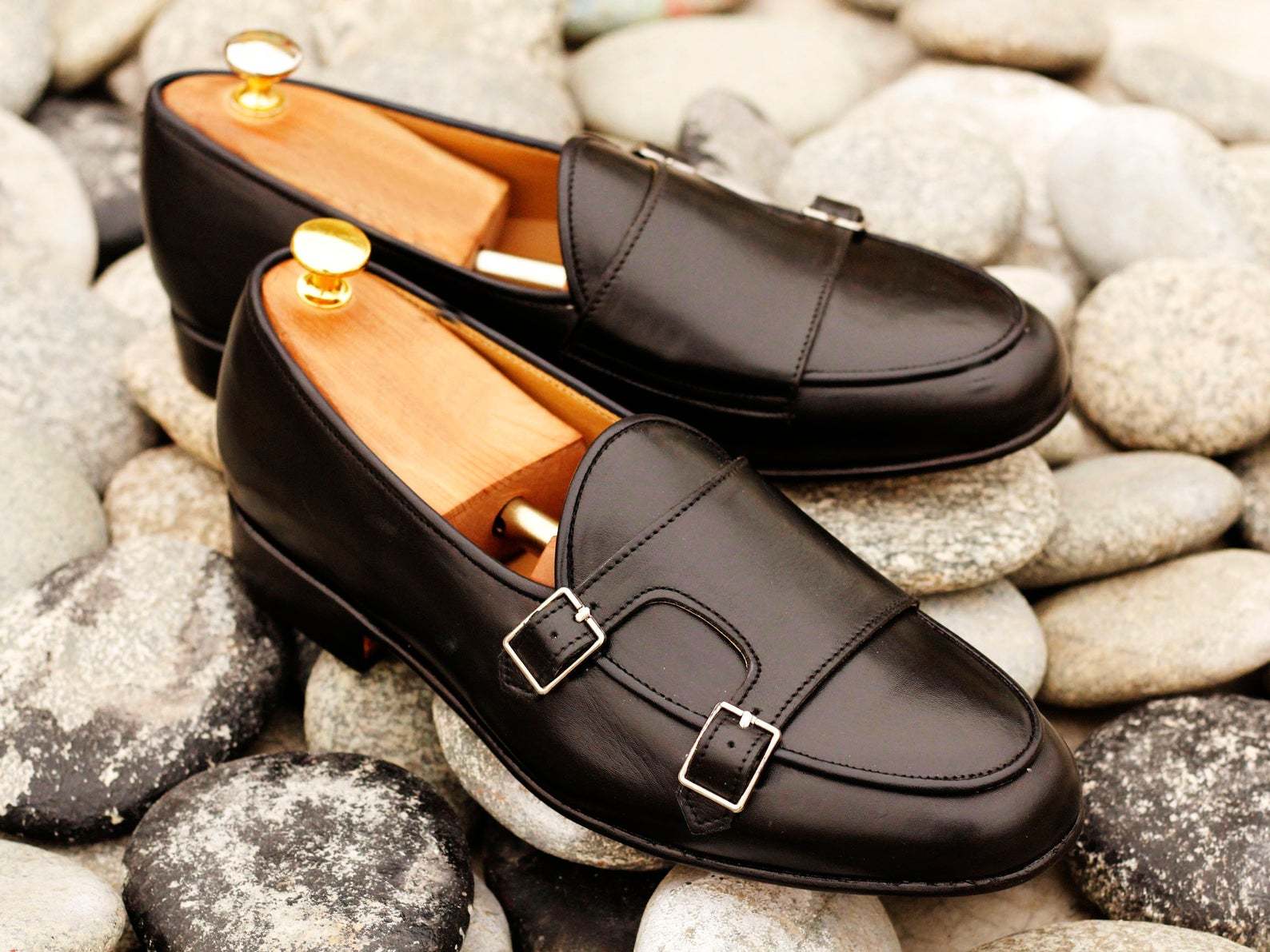 Handmade Men Black Leather Double Monk Slip On Loafers, Men Dress Formal Loafers