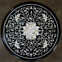 24&quot;Antique Black Marble Side Table with Mother of Pearl Mosaic Art Handmade Work - £697.11 GBP