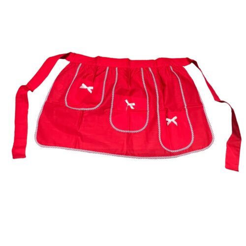 Primary image for Vintage Handmade Red Bow Half Apron Pockets Cottagecore Garden Farm Chore