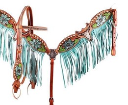 Showman Leather Headstall and Breast Collar Steer Skull and Cactus Fringed Teal - £92.68 GBP