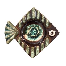 Vintage Ceramic Fish Ashtray Green Brown Glaze Mid Century Modern Home Decor - £22.70 GBP