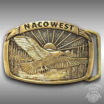 Vintage Belt Buckle 1981 Solid Brass Nacowest American Eagle Flying Lake - £29.29 GBP