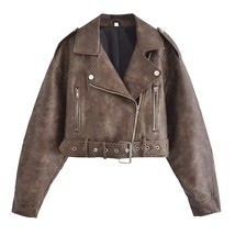 TRAF Women Fashion Winter New Vintage Gradient Leather Jacket Long-sleeved  Chic - £92.76 GBP