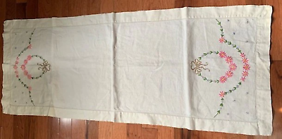Vintage Embroidery Pink flower linen table runner 16&quot;x42&quot; - $19.01