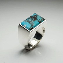 Rectangle Flat Turquoise Ring Men Solid 925 Silver Men Ring Father&#39;s Day Gifts - £74.28 GBP