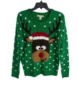 Christmas Sweater Ugly Womens Sweater Size Medium Green Reindeer Long Sleeve - £18.62 GBP