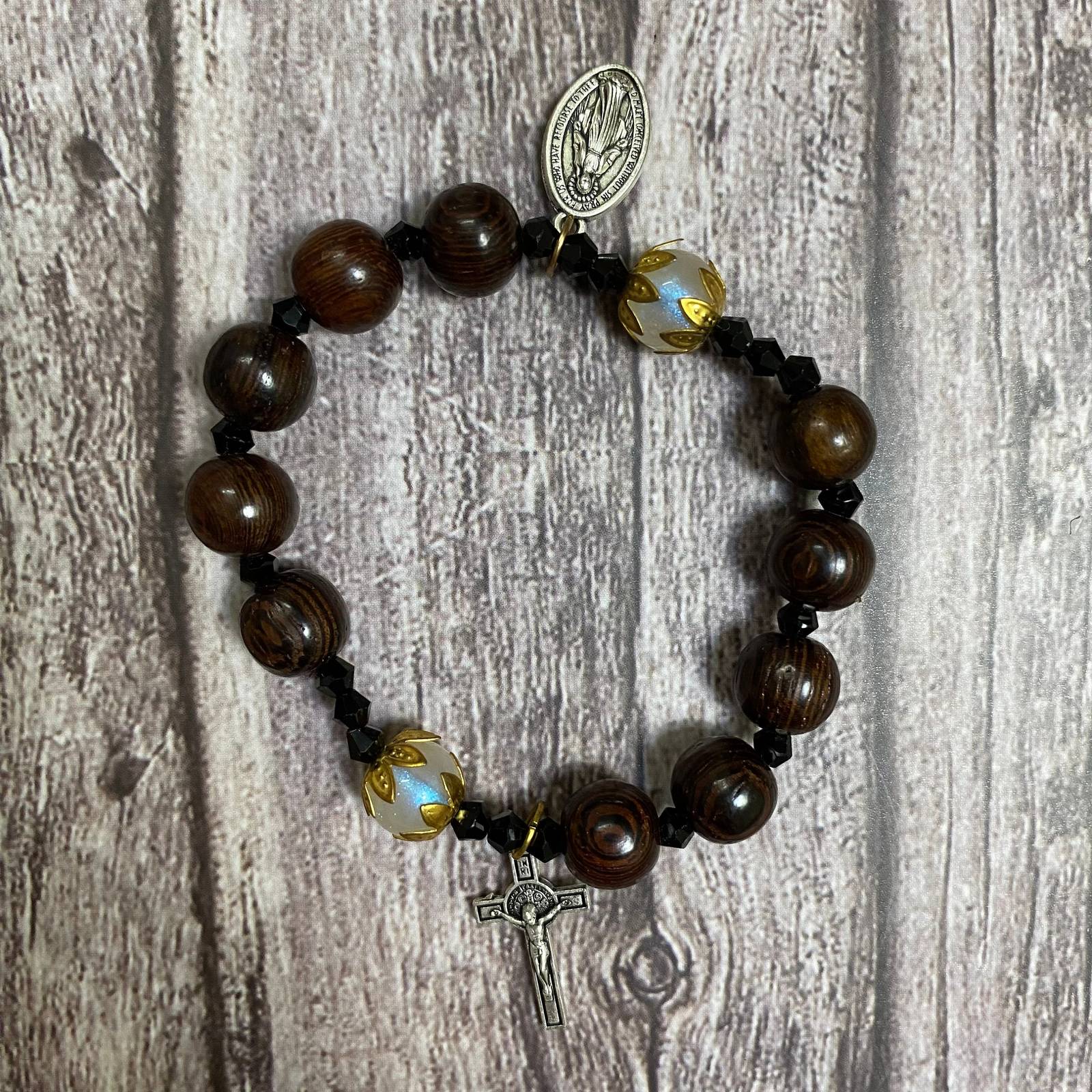 Black natural wood Catholic Bracelet with ivory-white gemstone beads, cr... - $17.90