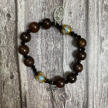 Black natural wood Catholic Bracelet with ivory-white gemstone beads, crucifix - £14.30 GBP