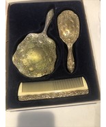 Silver Plated 3pc Vanity Set. Hand Mirror,  Hair Brush, And Comb. In Box - $43.97