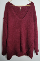 Free People Womens V Neck Sweater Large Maroon Fuzzy Knit Pullover Oversized - £22.36 GBP