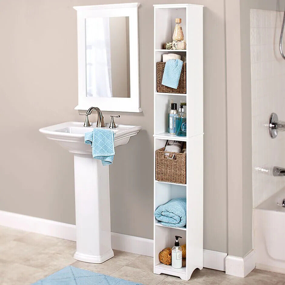 Slim Wood Storage Tower Cabinet or Baskets Bathroom Kitchen Dorm Apartme... - $27.71+