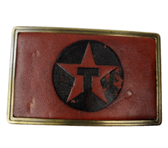 Texaco Star Logo Vintage Brass and Leather Belt Buckle 1970 USA Oil and Gas - £25.37 GBP