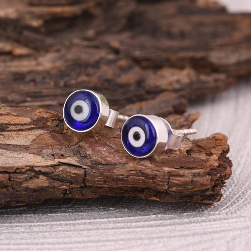 Evil Eye Luck Charm CZ & Blue Nano Crystal 925 Sterling Silver 9mm Stud Earrings Item image 5