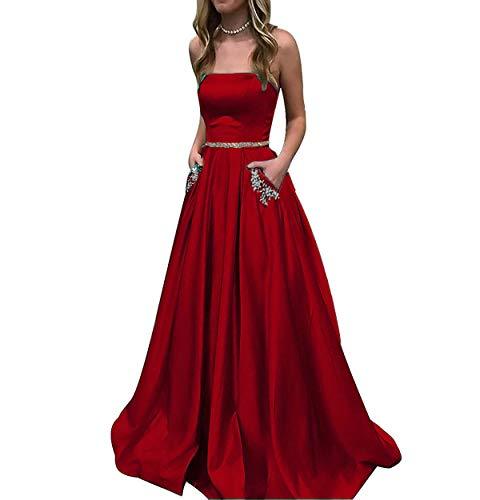 Kivary Beaded Belt Long Satin Formal Prom Evening Dresses with Pockets Wine Red