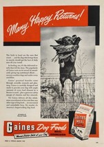 1949 Print Ad Gaines Meal Dog Food Hunting Dog Retrieves Bird Jumping Fence - $19.78