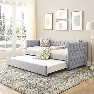 Linen Upholstered Twin Size Daybed With Twin Trundle, Wooden Sofa Bed Fr... - $876.99