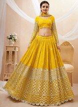 Beautiful Yellow Mirror Work Embroidery Wedding Lehenga Choli - £102.23 GBP