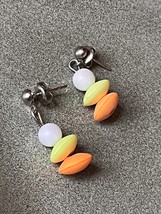 Small Round White Neon Yellow &amp; Orange Disk Plastic Bead Dangle Post Earrings fo - £7.62 GBP
