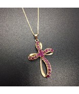 10K SOLID GOLD NATURAL RUBY CROSS PENDANT NECKLACE - £294.57 GBP