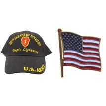 U.S. Army 25th Infantry Division Tropic Lightning Hat Black &amp; American Flag Pin - £13.69 GBP