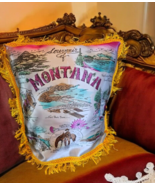 Vintage 1940s-50s Montana State Fringed Silk Souvenir Pillow Cover Yello... - $47.53