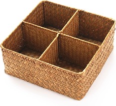 Woven Seagrass Storage Basket With 4 Divided Sections, Wicker Basket Bin Box - £31.96 GBP
