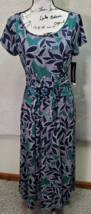 Perceptions Long Maxi Dress Womens 12 Navy Floral Short Sleeve Round Neck Belted - £22.15 GBP