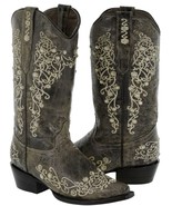 Womens Western Boots Cowboy Dress Brown Leather Floral Embroidered Rhine... - $172.16 CAD