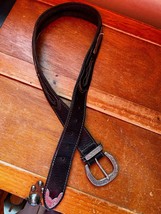 Genuine Black Leather w Ornate Silver Metal Accents &amp; Buckle Belt Size M – 34 in - £9.02 GBP