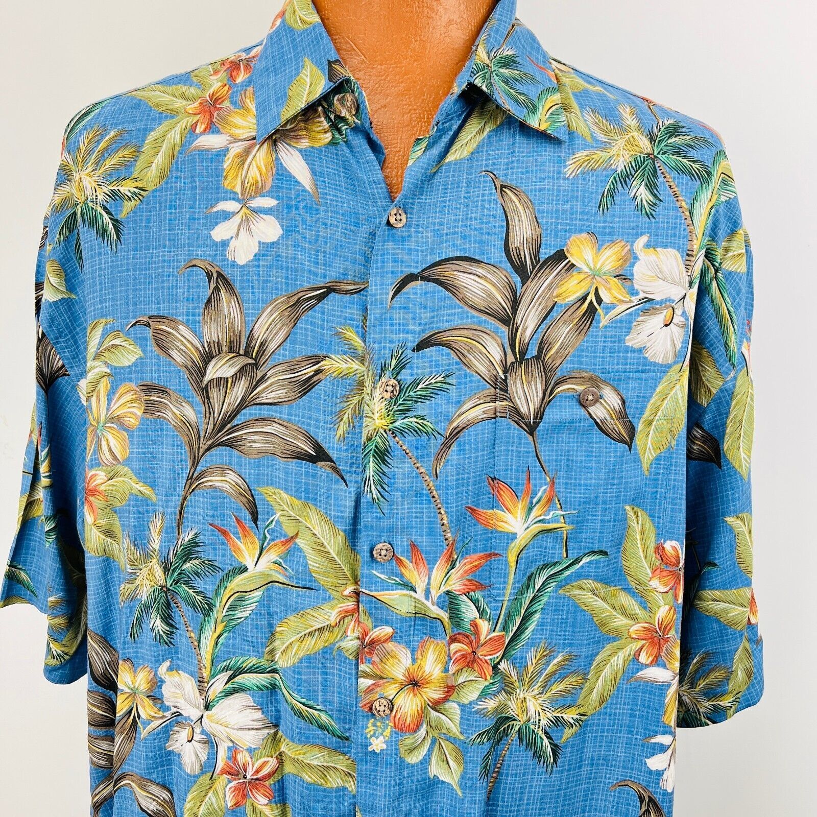 Campia Moda Hawaiian Aloha XL Shirt Hibiscus Flowers Palm Trees Plumeria Blue Item image 4
