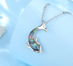 Authentic 925 Sterling Silver Mother of Pearl Exquisite Dolphin Pendant Necklace - £79.74 GBP